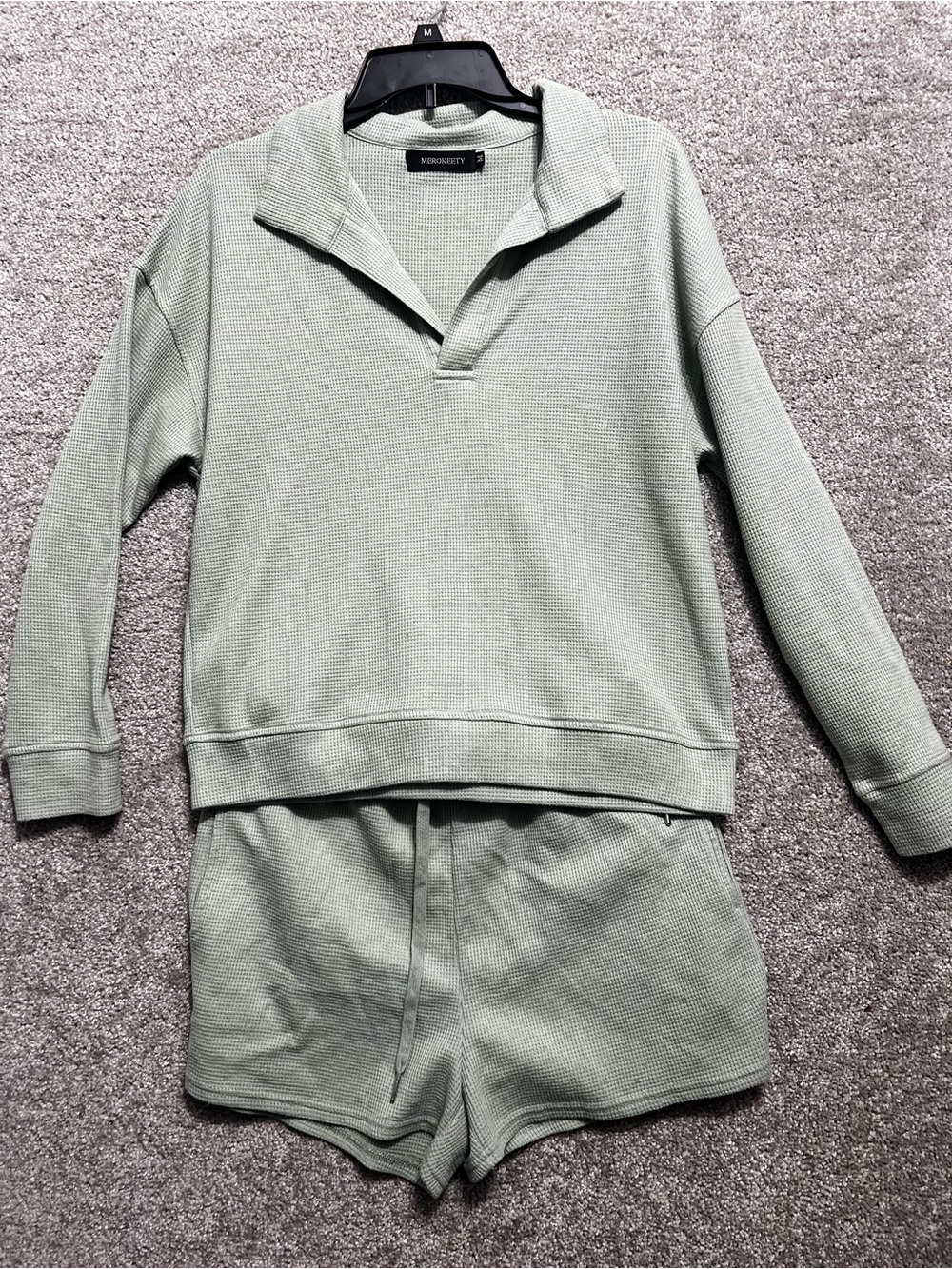 Merokeety Woman’s 2 Piece Lounge Set Green Waffle Knit Shorts Long Sleeve Top
